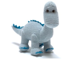 Pastel blue diplodocus knitted dinosaur baby toy with rattle